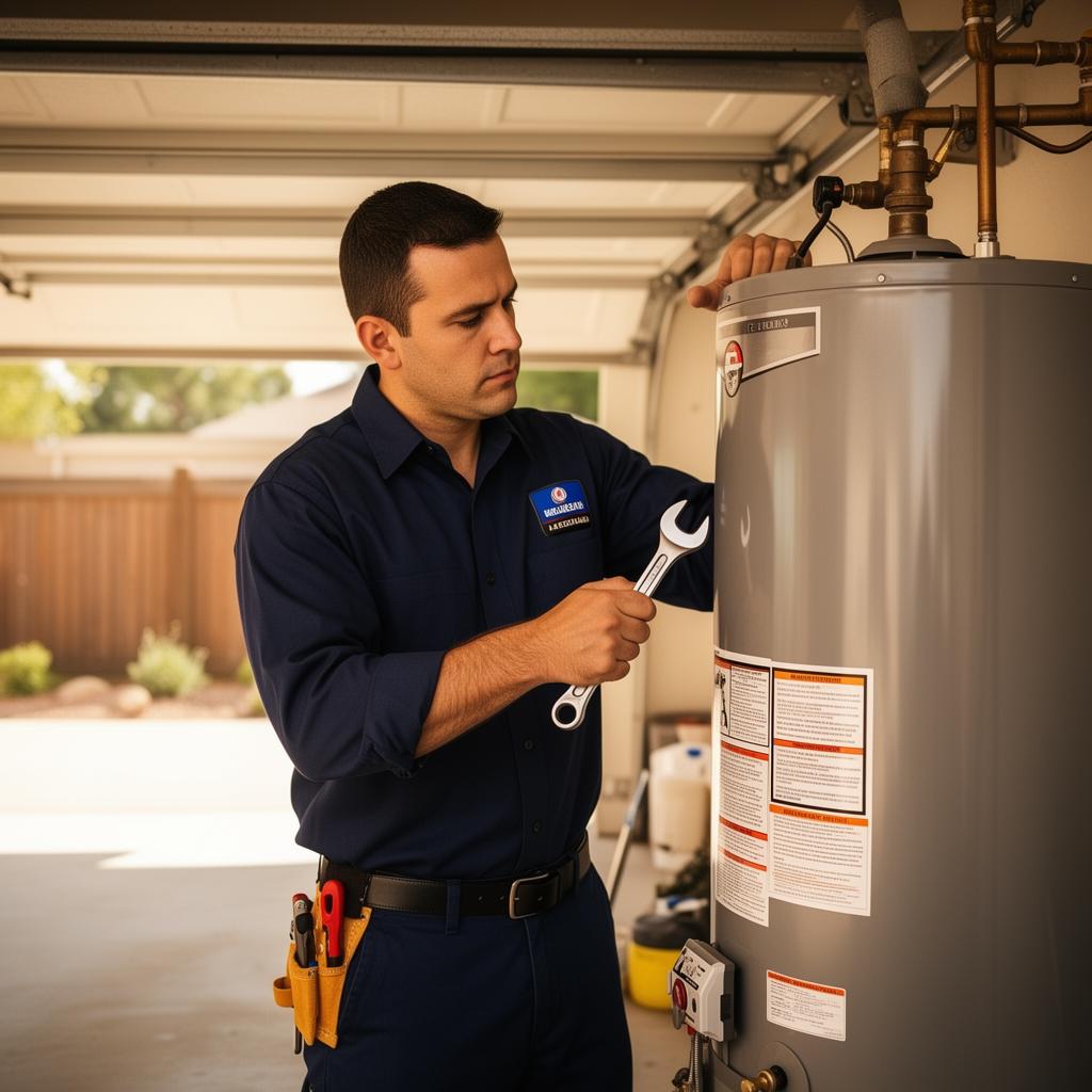 Licensed Rocko's plumber servicing a residential water heater in Simi Valley